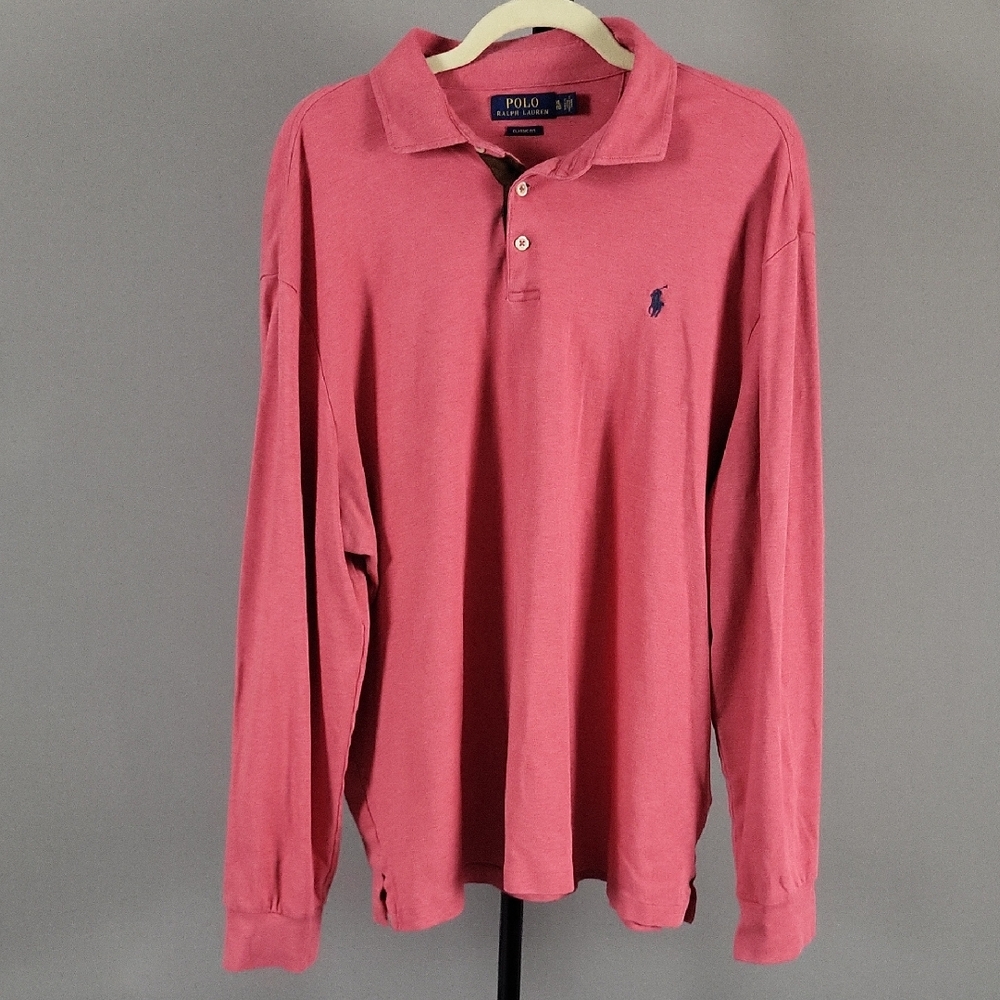 Polo Ralph Lauren Men's Light Red Long Sleeve Polo Shirt w/ Navy Logo, 2017, XL